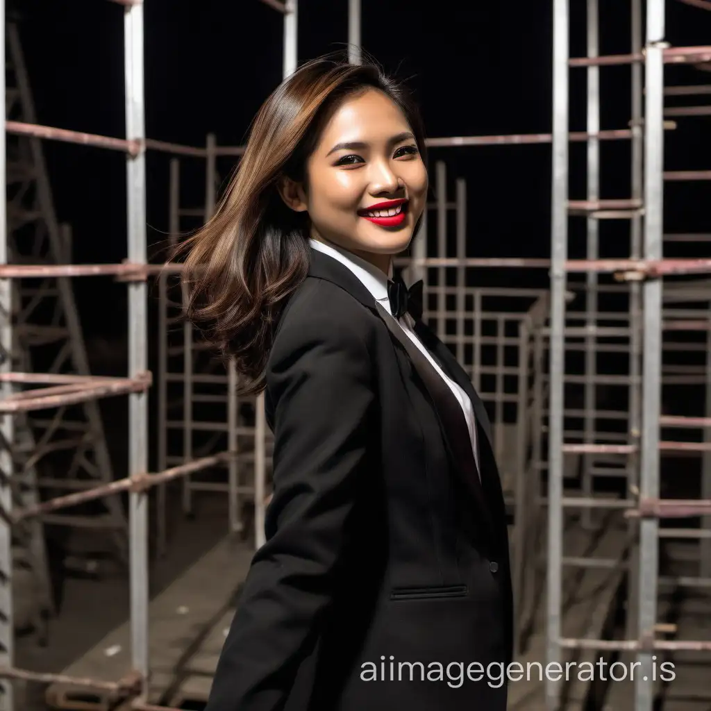 It is night. A stunning and cute and sophisticated and confident pinoy woman with shoulder length hair and  lipstick is walking toward the edge of a scaffold.  She is facing forward. She is wearing a black tuxedo with a black jacket. Her shirt is white.  Her bow tie is black. Her shirt buttons are black and shiny. Her cufflinks are black. She is smiling and laughing. She is relaxed. Her jacket is open.