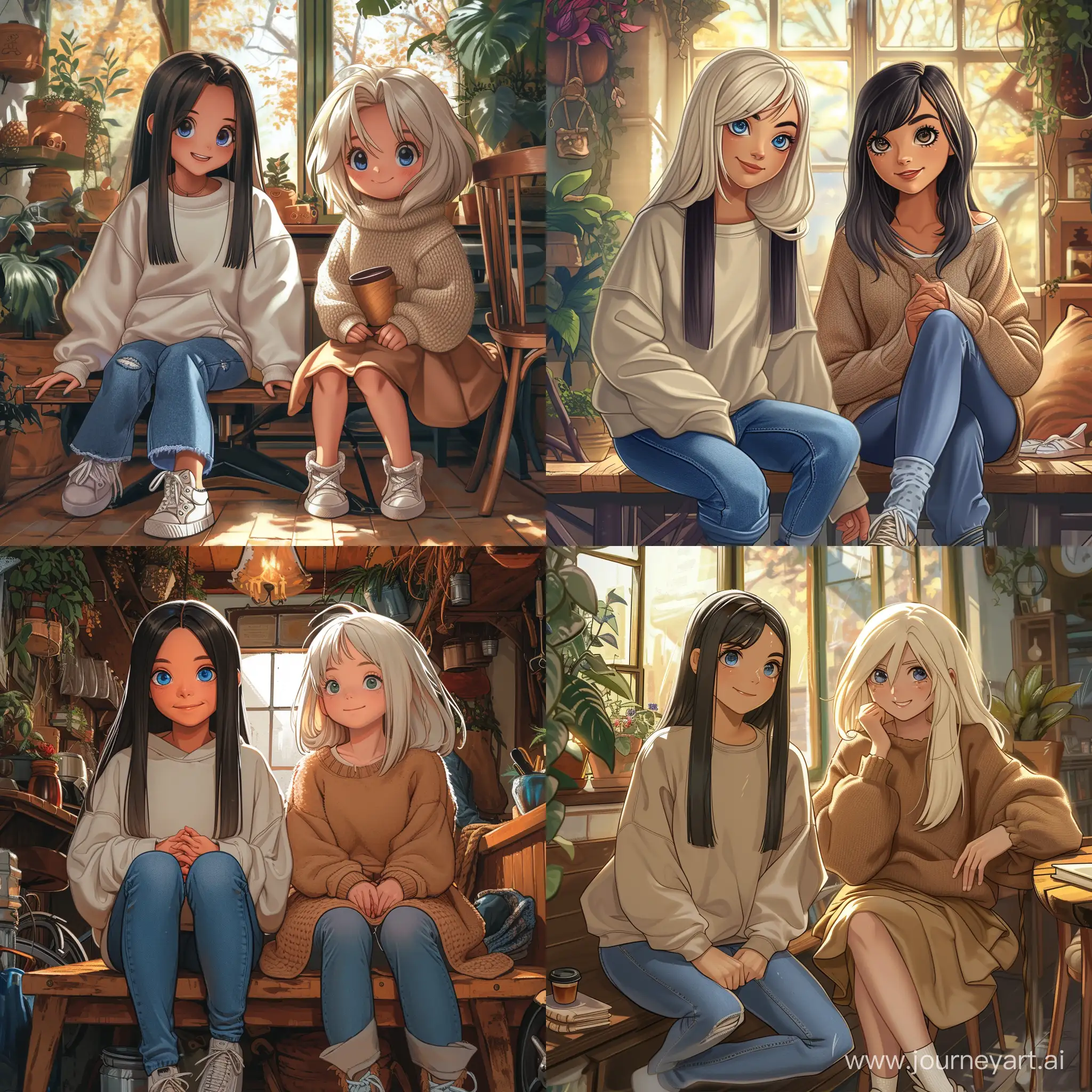 Two friends, beautiful girl, straight dark hair, blue eyes, white skin, teenager, 15 years old, oversize sweatshirt and jeans, cute plump girl, blonde hair, brown eyes, knitted cardigan, wool dress, shoes, sitting in a magical cafe, high quality, high detail, cartoon art --v 6 --ar 1:1 --no 23812