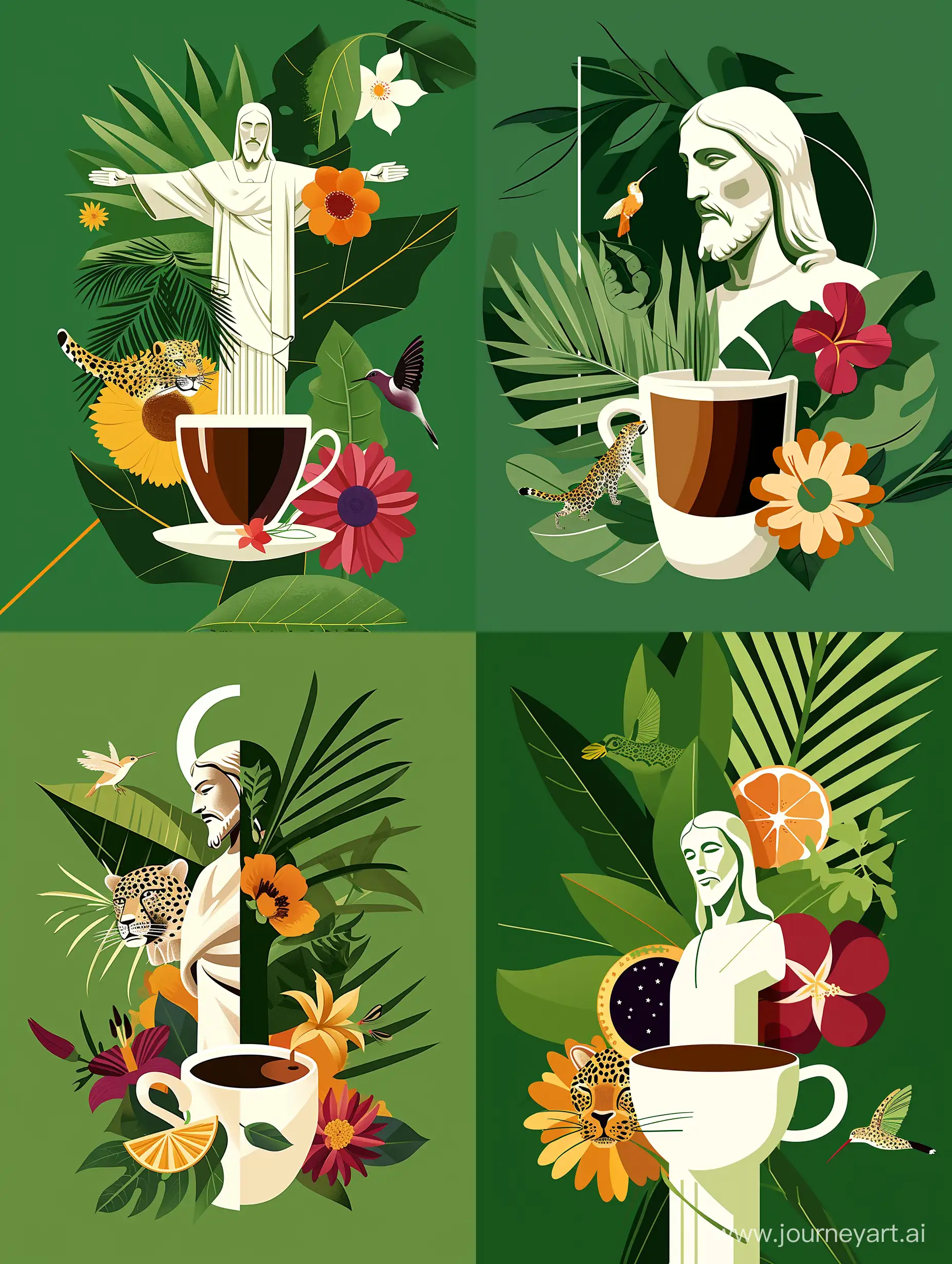 Иллюстрация кофе в чашке, статуя иисуса в Бразилии, футболисты Бразилии, леопард, Колибри, листья пальмы, кофе, цветы бразилии - serf https://cdn.dribbble.com/users/4558942/screenshots/17325164/media/78859b6ffc9a5a7bcb95a120b0c50b0f.jpg?resize=1000x750&vertical=center