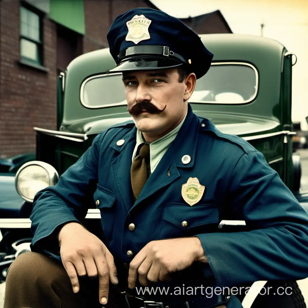 American policeman from the 1940s. Mechanic. In color. With mustaches. Irish