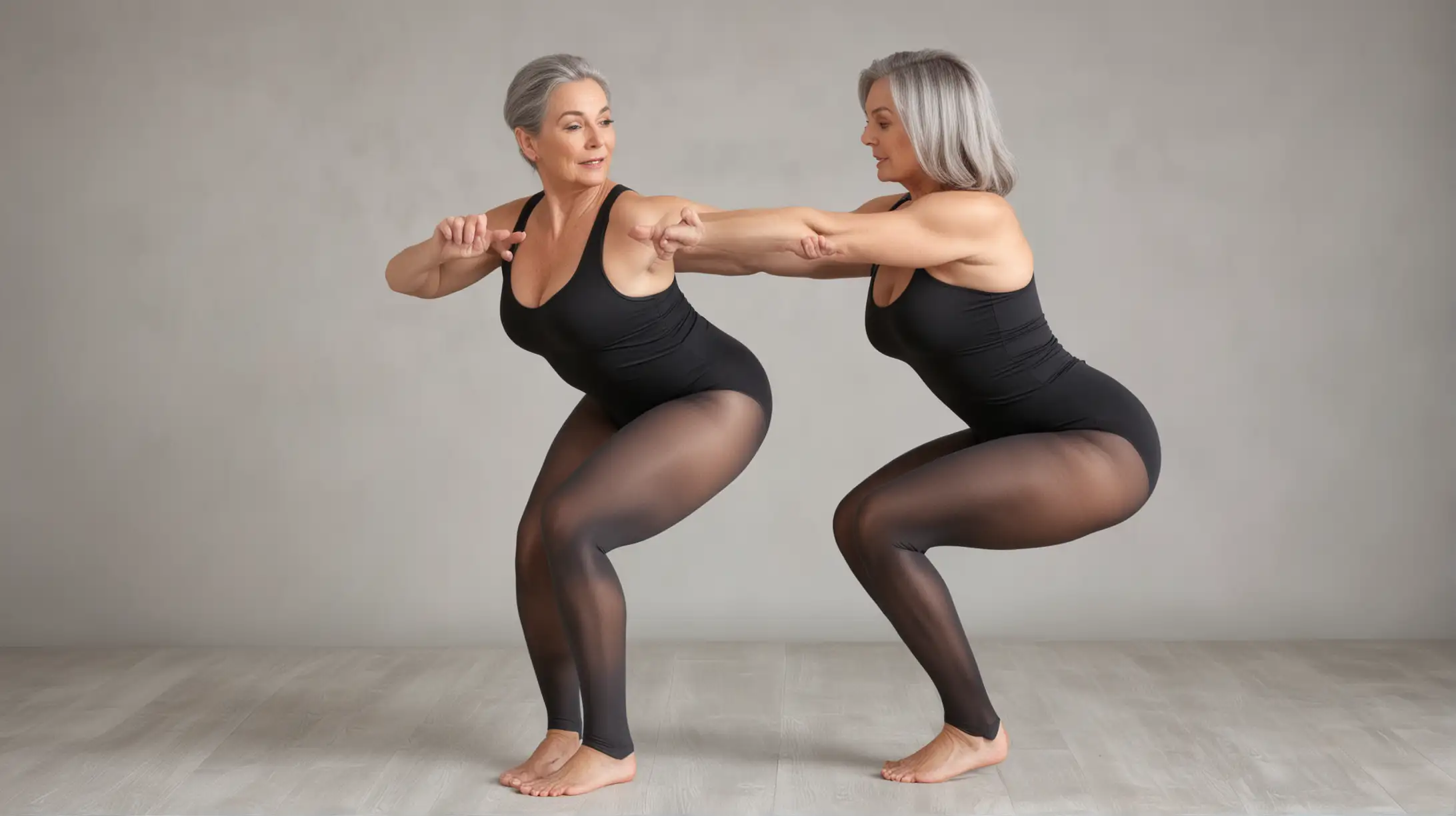Mature Woman Doing Squats in Black Leotard and Gray Pantyhose