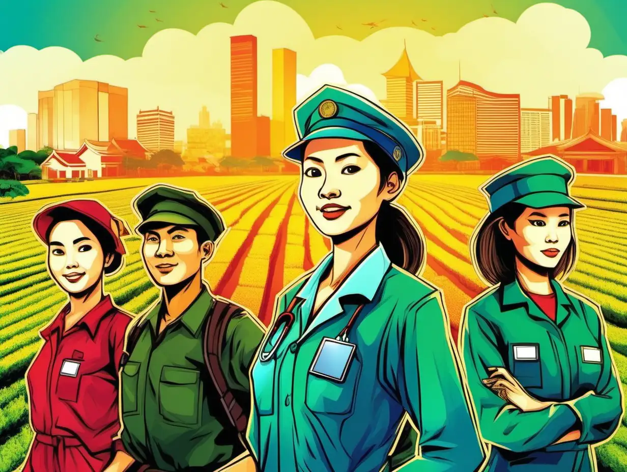 vietnamese poster that shows a female teacher, an engineer, a female doctor, a male farmer, a male soldier, with citiscape in the background, using flat vibrant colors with minimal shading