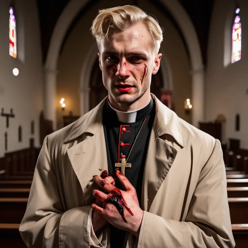 blond fit man, '40s, blonde short hair widower's peak, blonde stubble, blood stained mouth, blood stained hands, Catholic priest clothes, trenchcoat, church, night