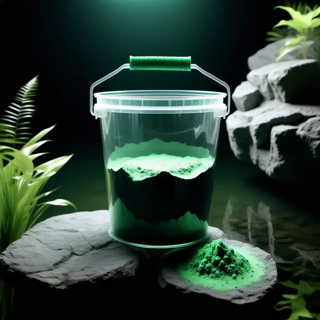 Ein Durchsichtiger Standard Eimer mit Grünen  Pulver drin   Drin steht auf einem Felsen im Hintergrund ein Klarer kleiner Teich studio licht 4k spannend in Szene gesetzt
