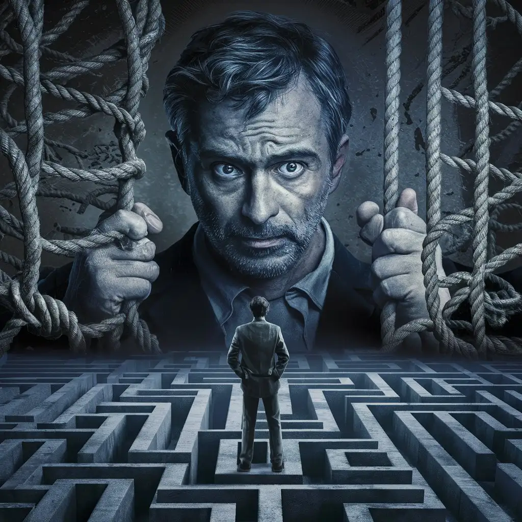 The image depicts a man with a troubled expression, facing a dilemma in his life. His furrowed brow and thoughtful gaze reflect deep contemplation and concern. Surrounding him are symbolic elements representing challenges, such as tangled ropes or a maze, illustrating the complexity and obstacles he must navigate. This image conveys the universal experience of grappling with difficulties and seeking solutions.