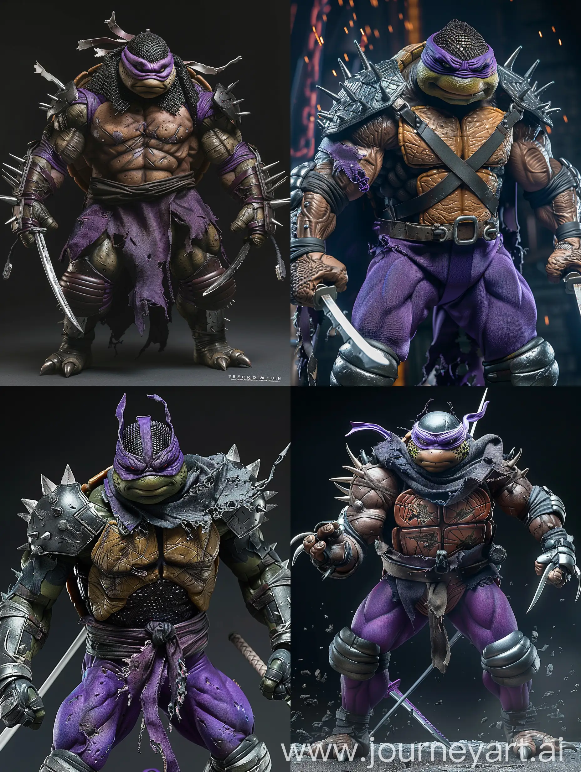Super Shredder,  wearing a menacing Kuro kabudo helmet, serrated blades, and bulging muscles that bring the iconic character to life. The sculpt details are unparalleled, showcasing intricate mesh patterns on his purple suit, a tattered and ominous cape, an array of blades, varied grips, and dynamic energy bursts emanating from his hands. The meticulous design extends to the metallic and obsidian armor, complete with steel claws and textured plates covering his arms and legs, Teenage Mutant Ninja Turtles, hyper realistic, ultra detailed photography