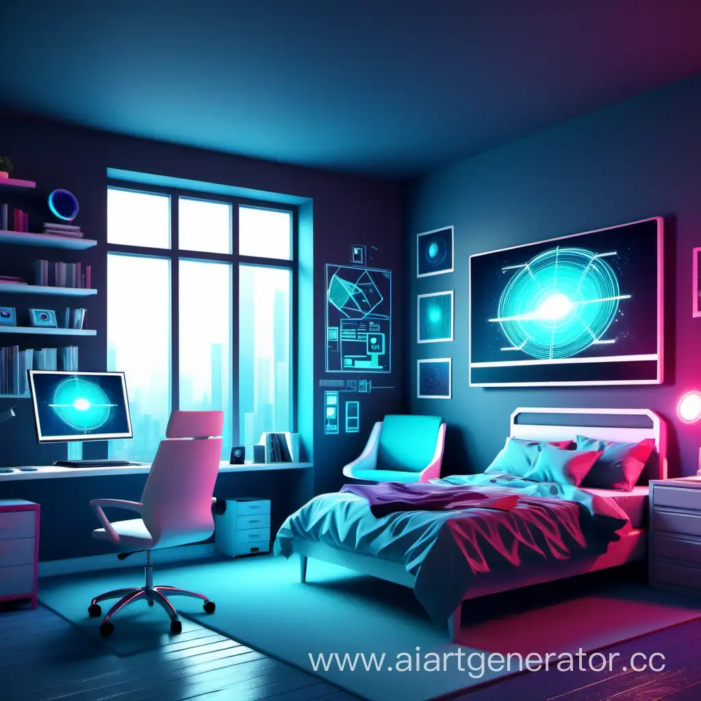 Futuristic-Bedroom-with-Sleek-PC-Setup-and-Vibrant-Graphics