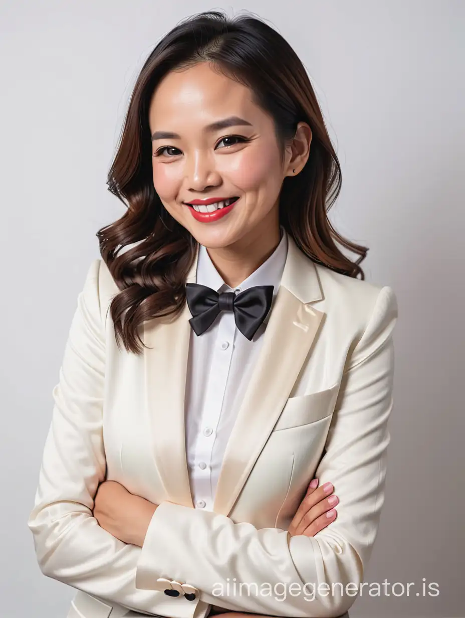 40 year old smiling and laughing pinoy woman with shoulder length hair and lipstick wearing an ivory tuxedo jacket with a white shirt and a black bow tie, arms crossed