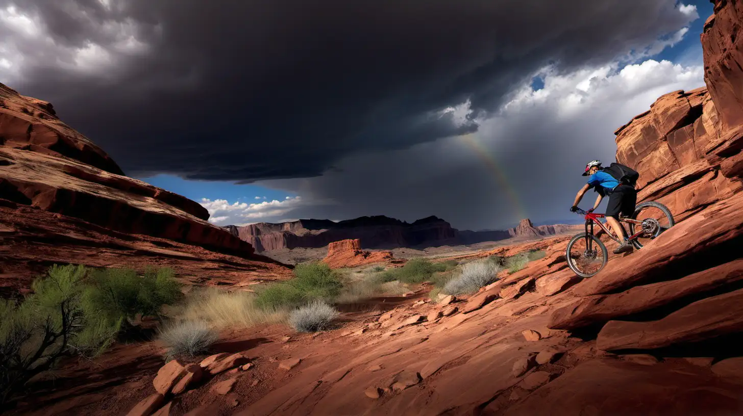 a mountain biker, on a rough trail, rocky ledges, red rock landscape near Moab, dramatic sky with color, coming toward, action