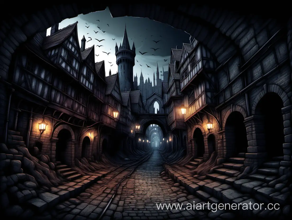 Городской квартал глубоко под землей, средневековый город, полумрак, графический рисунок