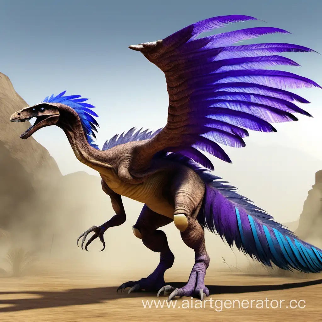 A huge archaeoraptor-like dinosaur of brown color, with blue-purple feathers, four powerful legs, large wings