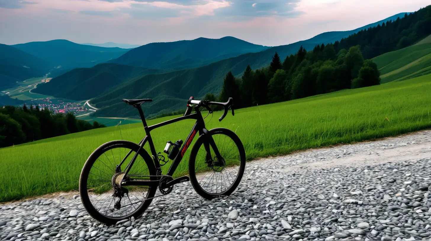 gravel bike against the backdrop of the Beskids, swiss mountain
