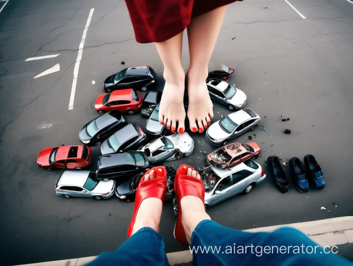 Photo of city parking space with a lot of cars, a gigantic girl's foot is standing on a parking lot on a lot of cars, a few cars are crushed and wrecked under toes, red toenails