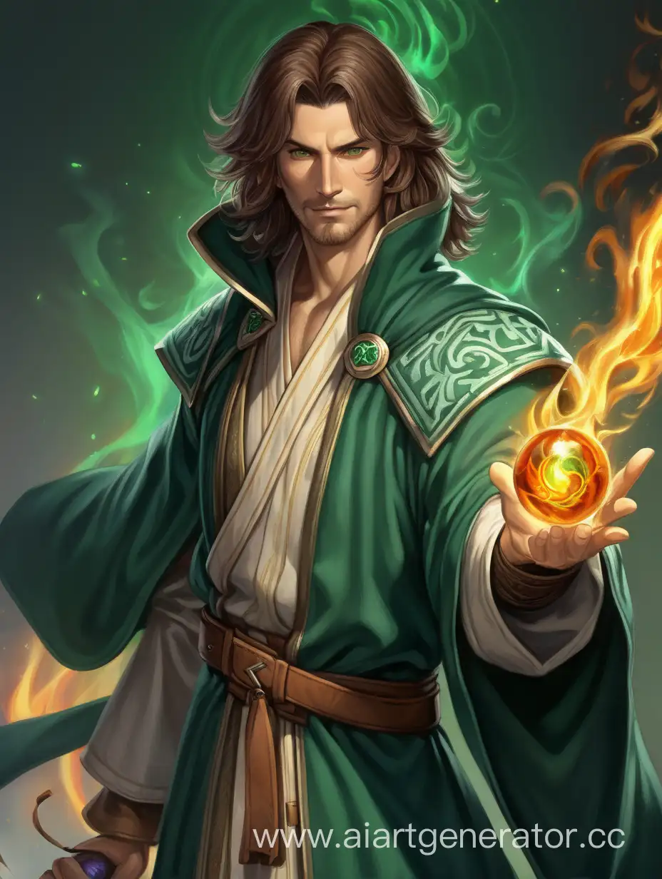 A man with shoulder-length brown hair. Eyes the color of emerald. Sharp facial features. Medium stubble on his face. Slender build. He wears a mage's robe. He holds a long sword in one hand and a fire orb in the other.