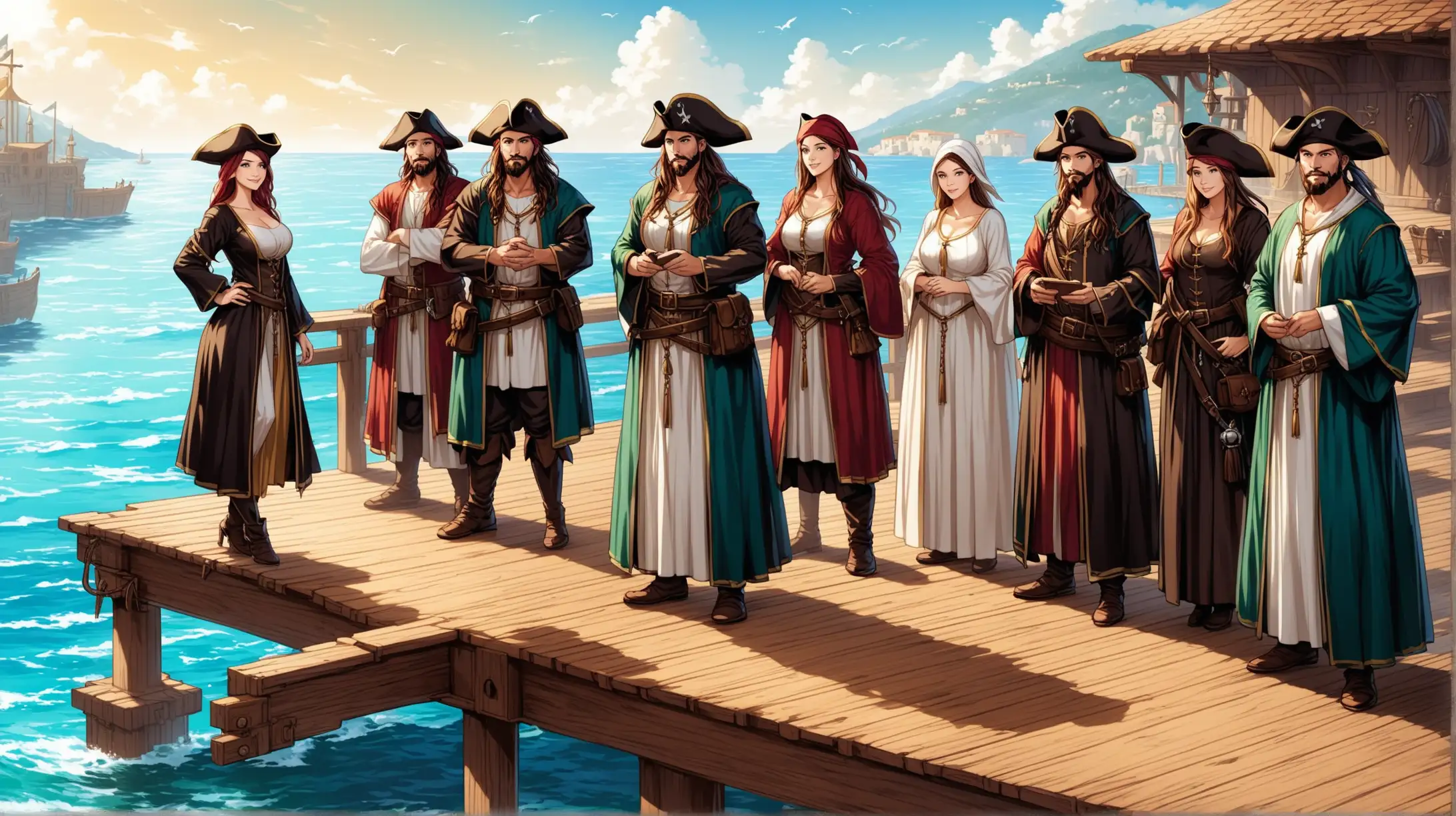 crew of pirates wizards and priests, men and women, Mediterranean, wooden dock, Medieval fantasy