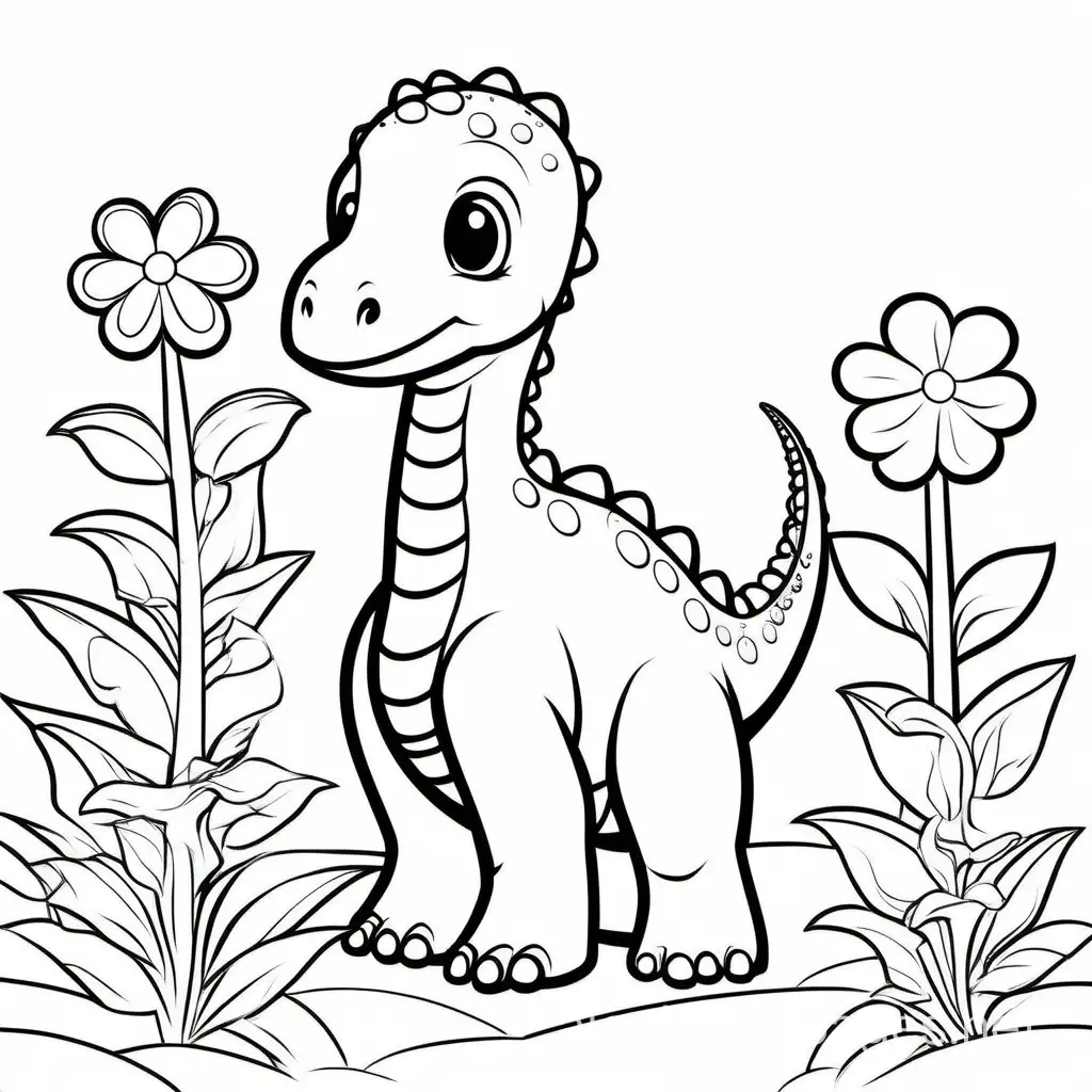 a cute baby flower brachiosaurus, Coloring Page, black and white, line art, white background, Simplicity, Ample White Space. The background of the coloring page is plain white to make it easy for young children to color within the lines. The outlines of all the subjects are easy to distinguish, making it simple for kids to color without too much difficulty