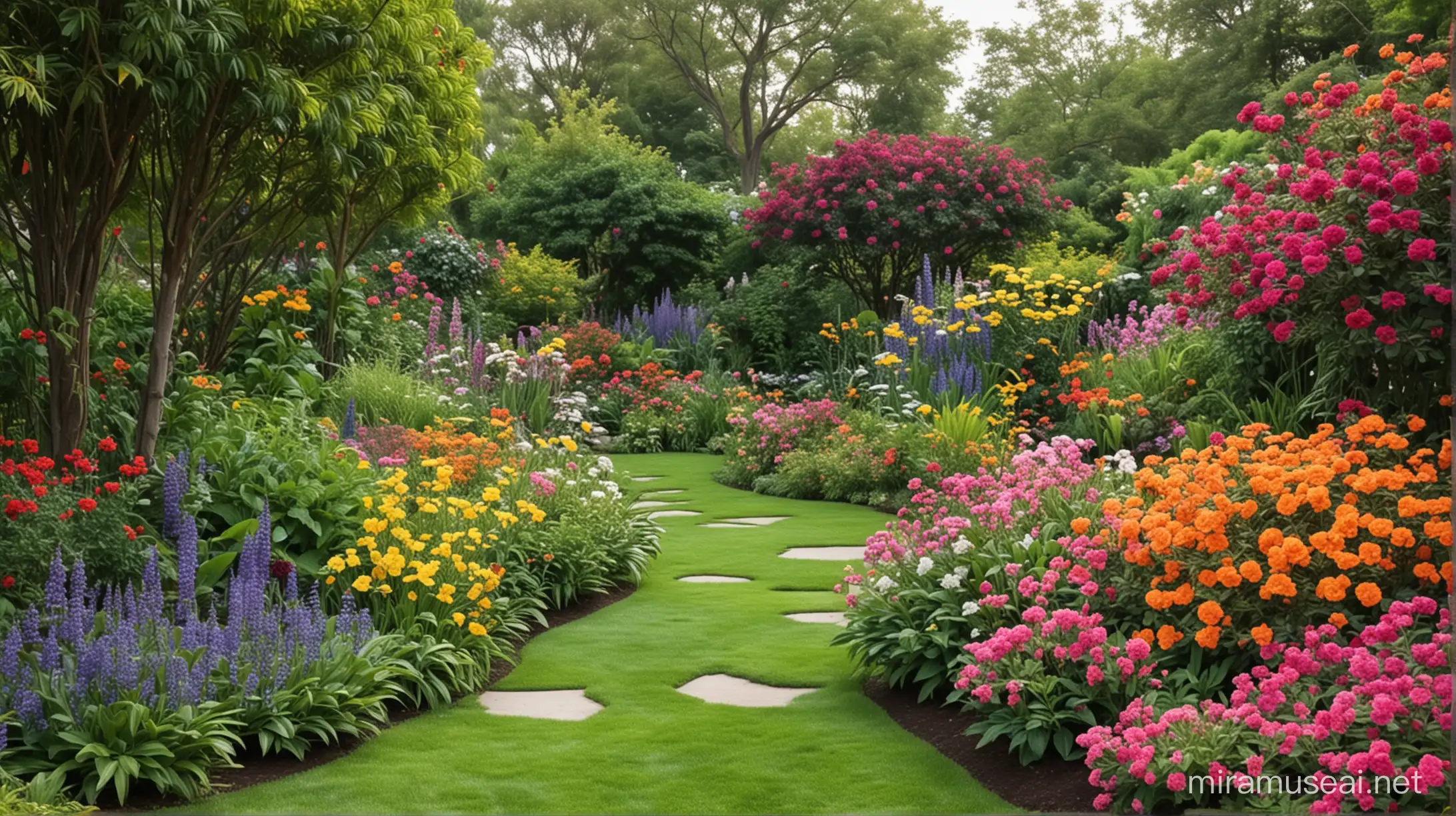 Tranquil Garden Oasis with Vibrant Blooms and Serene Wildlife Sounds
