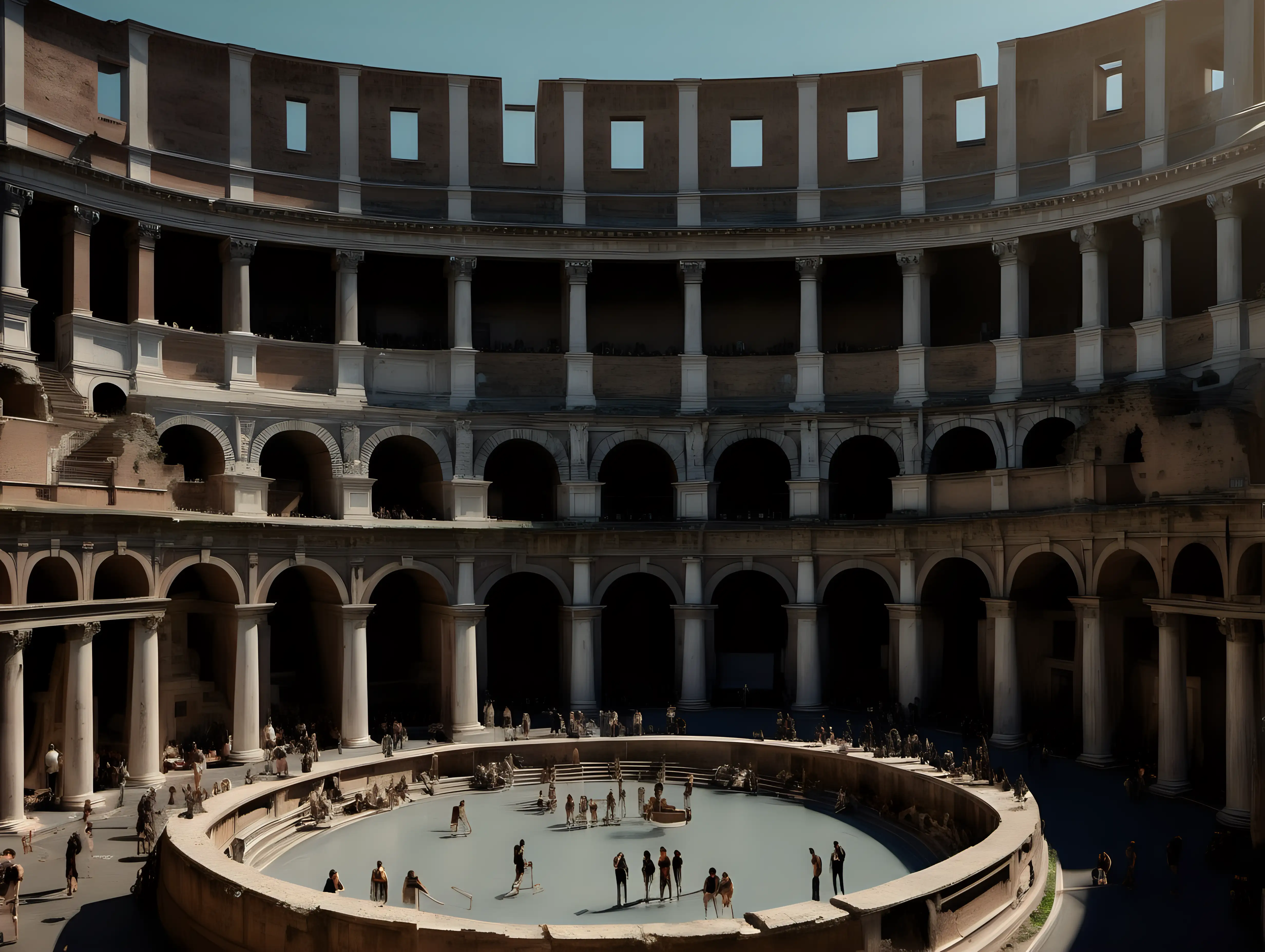 2 story high bath house in ancient Rome at daylight with musicians wandering around