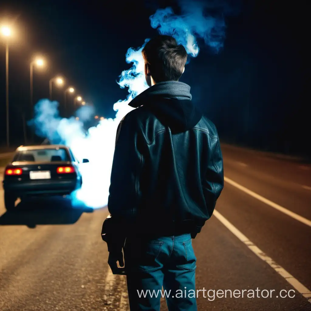 молодой парень стоит стоит спиной на фоне дороги, курит сигарету и его освещают фары машины