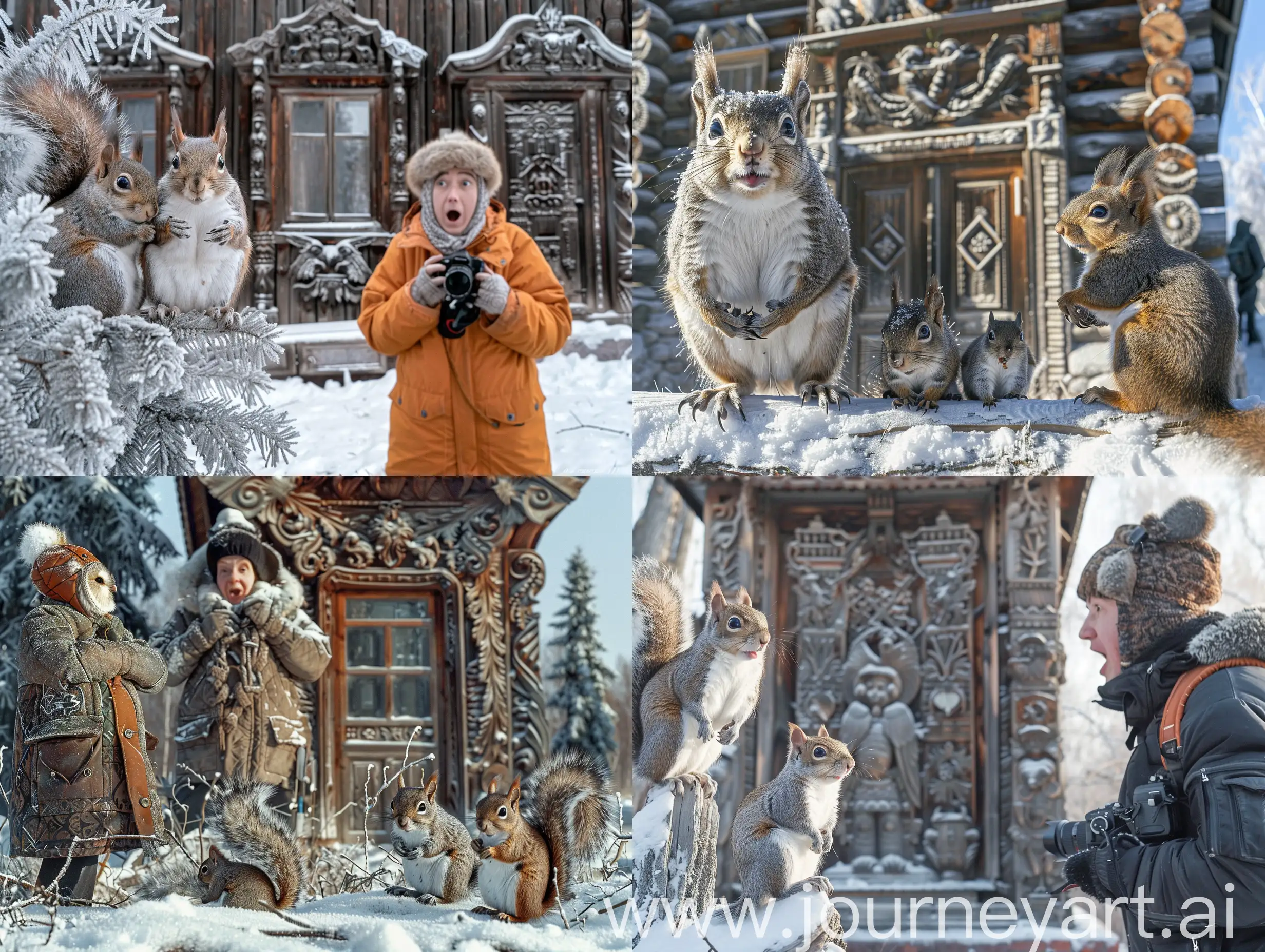 Фотореализм, репортажный снимок. Яркий морозный день в Сибири, в Томске на фоне столетнего резного деревянного дома стоит удивленный нелепо одетый фотограф. На елях рядом седят белки и филин. Веселое настроение.