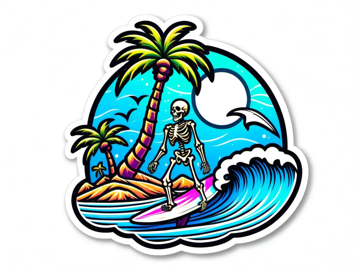 /imagine prompt:Surfer Skeleton Beach Island Waves Palm Tree , Sticker, Hopeful, Neon, Disney, Contour, Vector, White Background, Detailed
