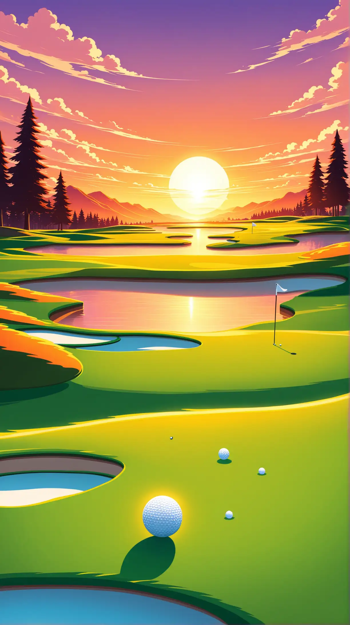 cartoon golf course, sunset 