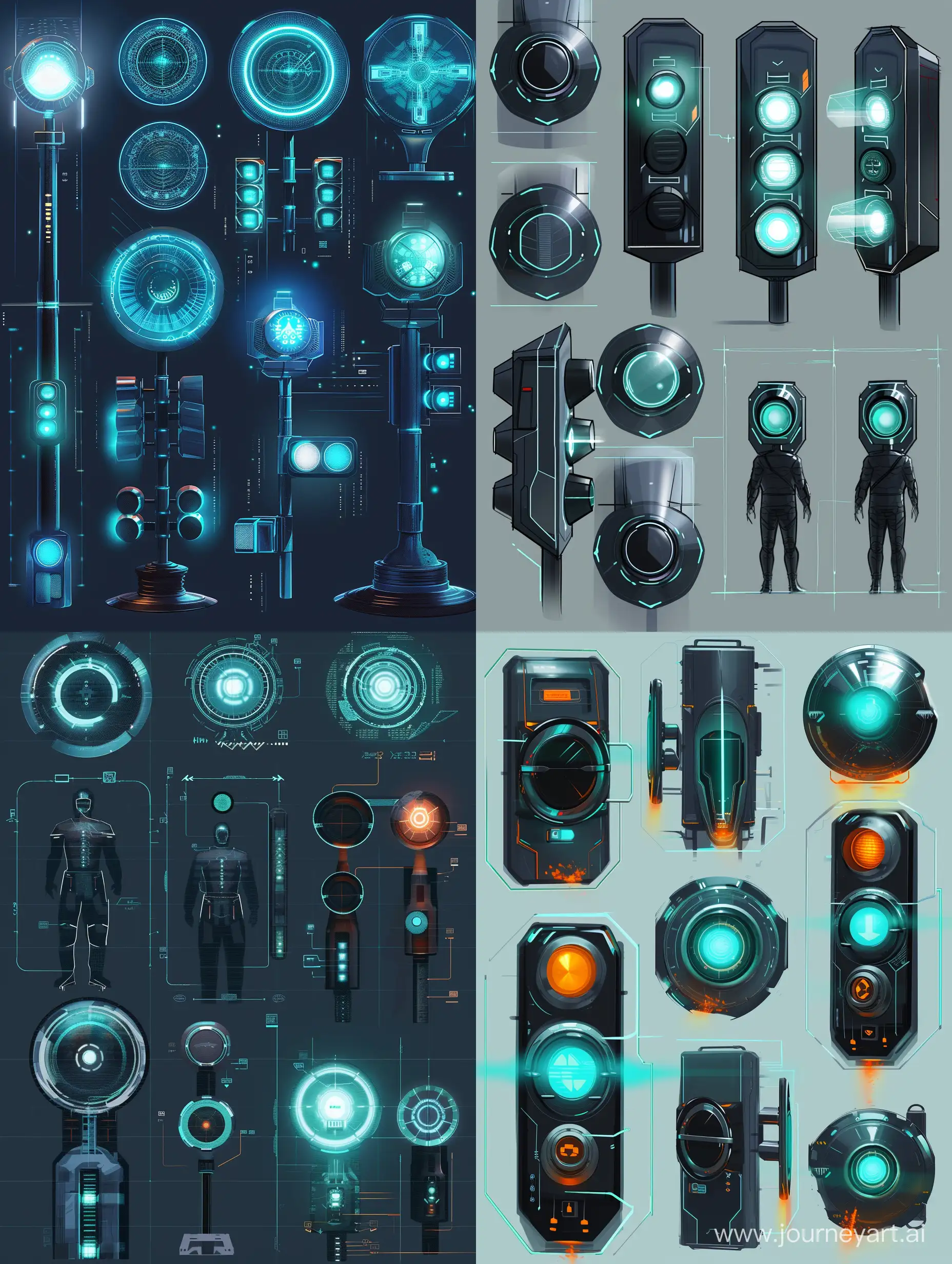Focus on the design aspect by generating various concepts for the holographic traffic lights. Experiment with shapes, sizes, and colors that convey a sense of futuristic functionality.