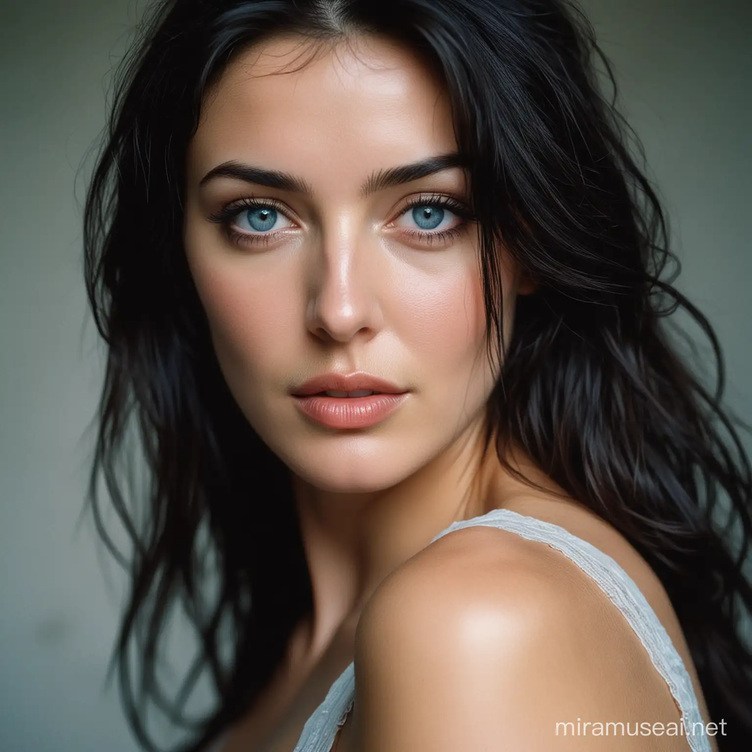 film photography, light fabric, using a 35mm lens, f/2, film, grain, beautiful girl, portrait, blue eyes, realistic skin, realistic hair, dark hair, deep eyes, monica bellucci