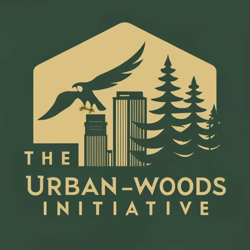 logo, Skyscraper skyline, coniferous pine trees, flying peregrine falcon, with the text "The Urban-Woods Initiative", typography, be used in Nonprofit industry