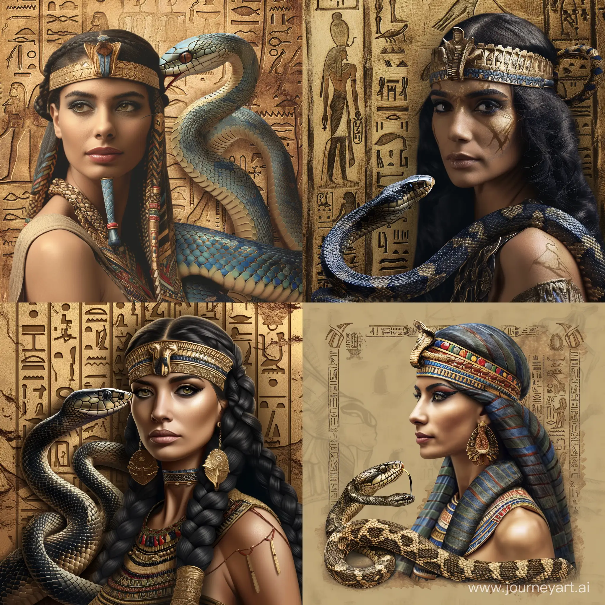 Portrait of Cleopatra VII and Egyptian Cobra Asp. Ancient Egypt themed background. Impressive detailed realistic image.