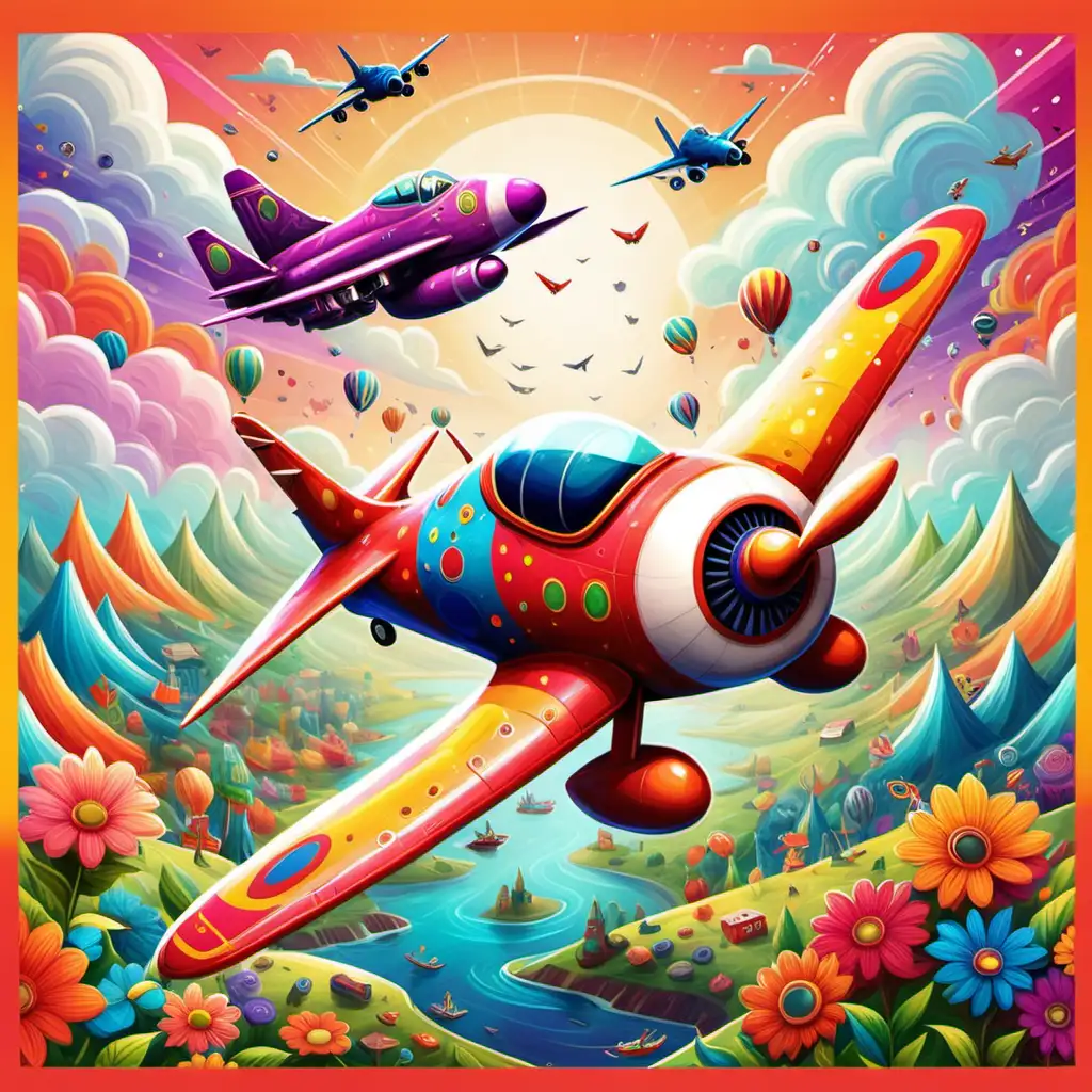 "Create a whimsical and colorful design featuring their favorite ,fighterplane , vibrant landscapes, or imaginative characters, sparking joy and creativity 
 
