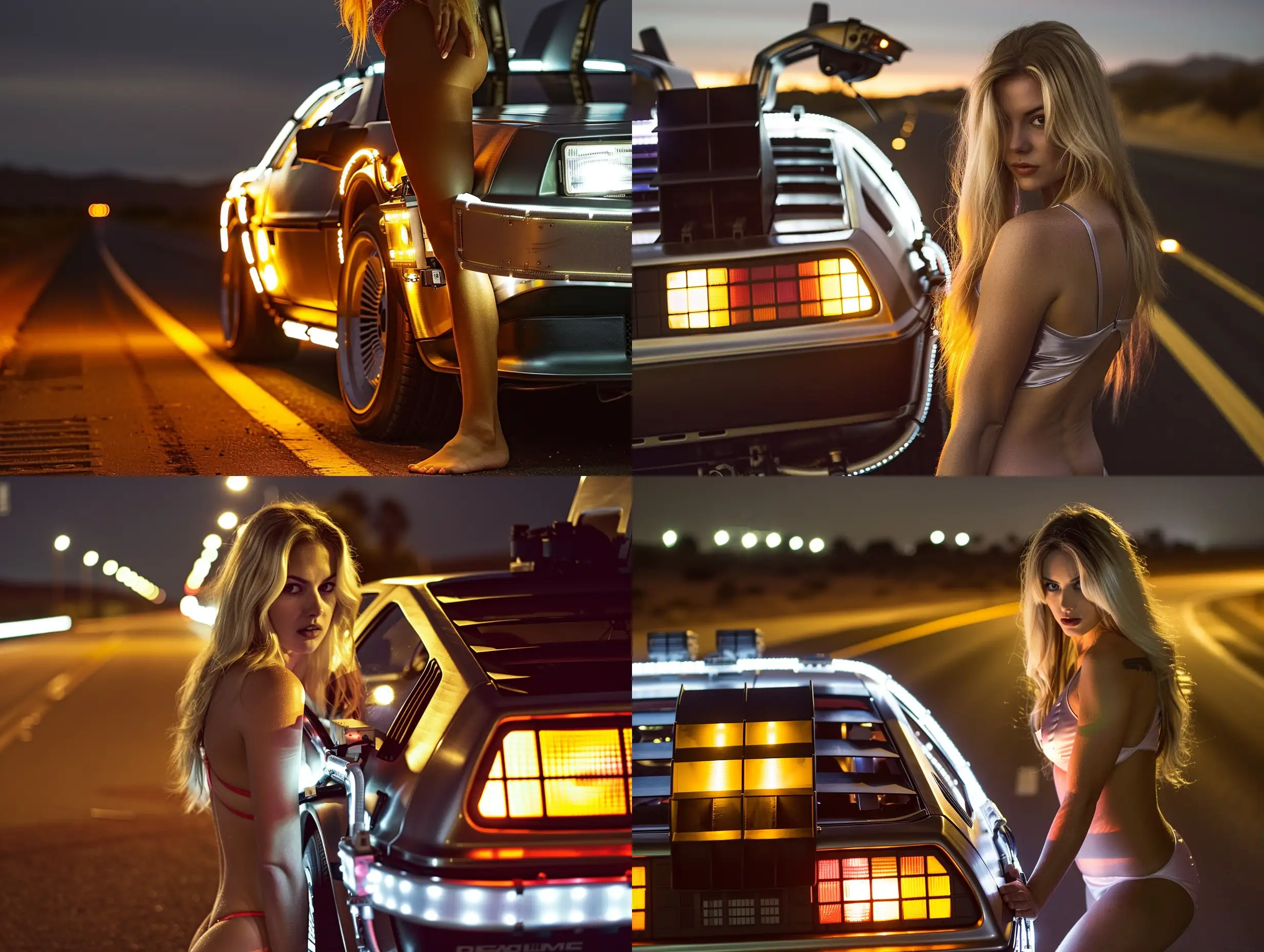 A closeup of a blonde woman, facing camera, face visible, in a swimsuit leaning against the side of a lit up Back to the Future Delorean on a deserted road at night, stunning photography