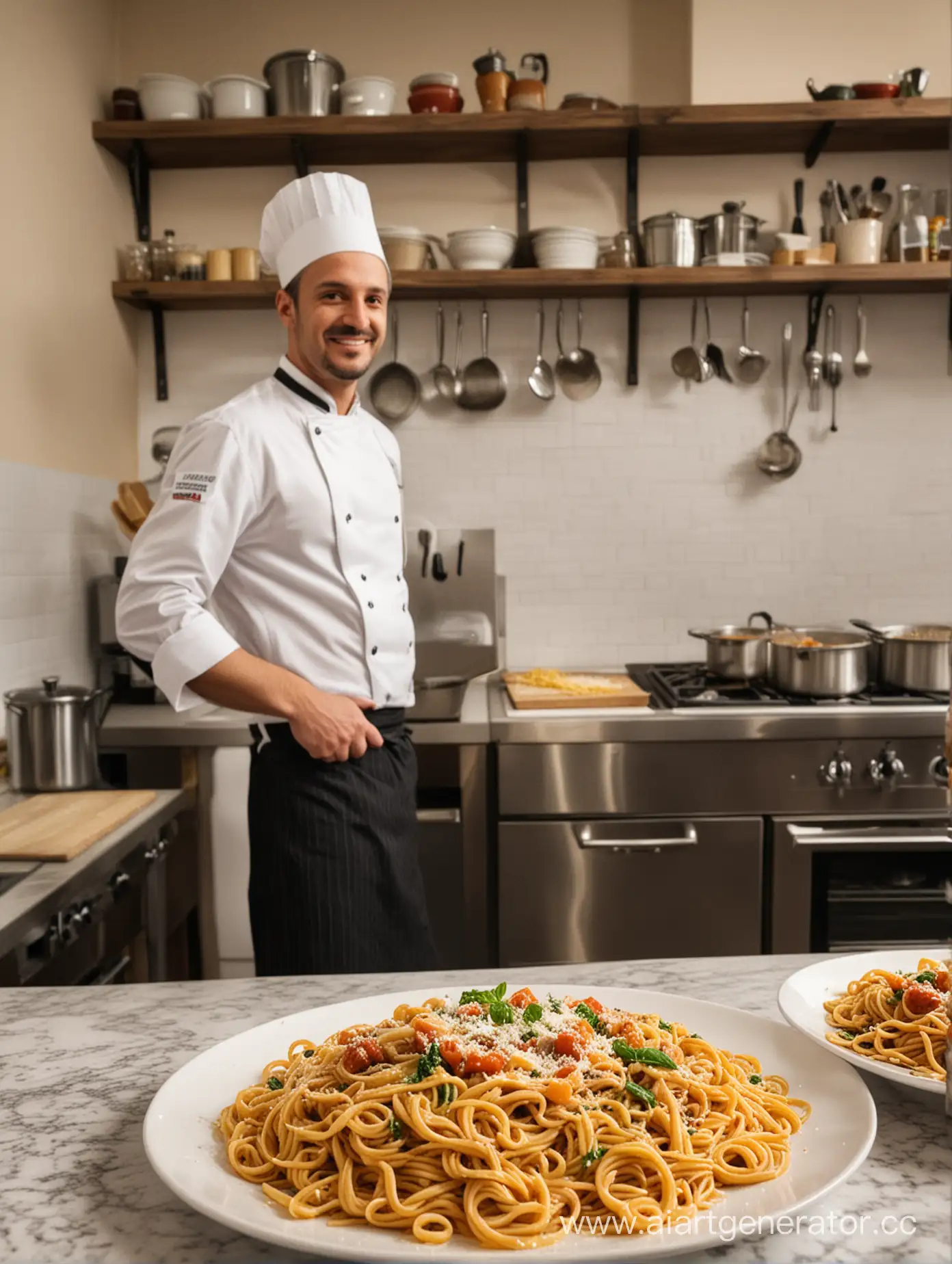 Italian-Chef-Cooking-Pasta-in-Restaurant-Kitchen