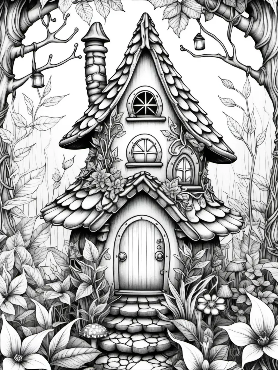 Fantasy Fairy Homes Adult Coloring Book with Detailed Roof Flowers and Twinkling Fairy Lights