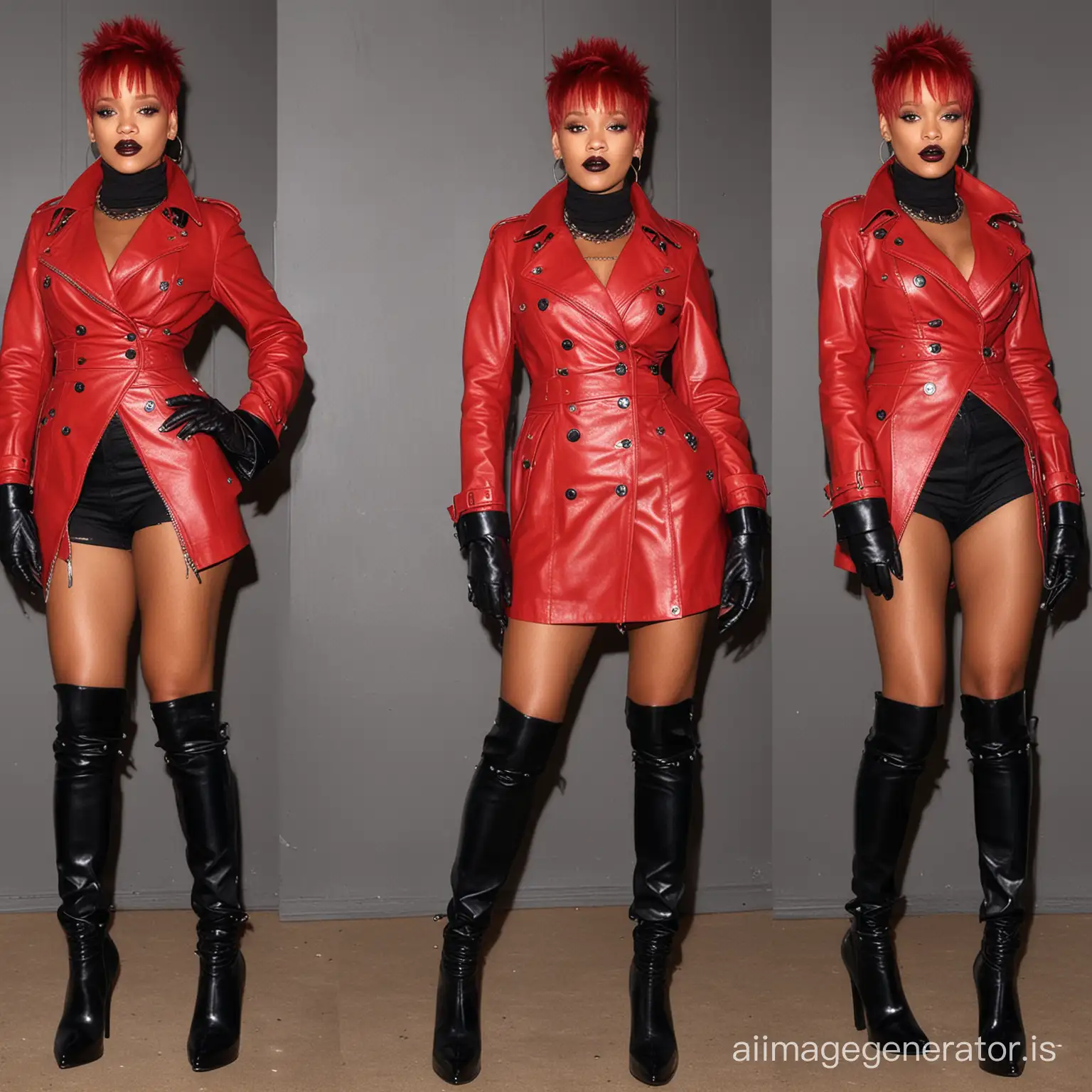 Rihanna, , large breasts, wearing red leather trench coat,punk rock red spike hair, black leather gloves, , spiked collar, high heel leather boots, leather bra, black lipstick,