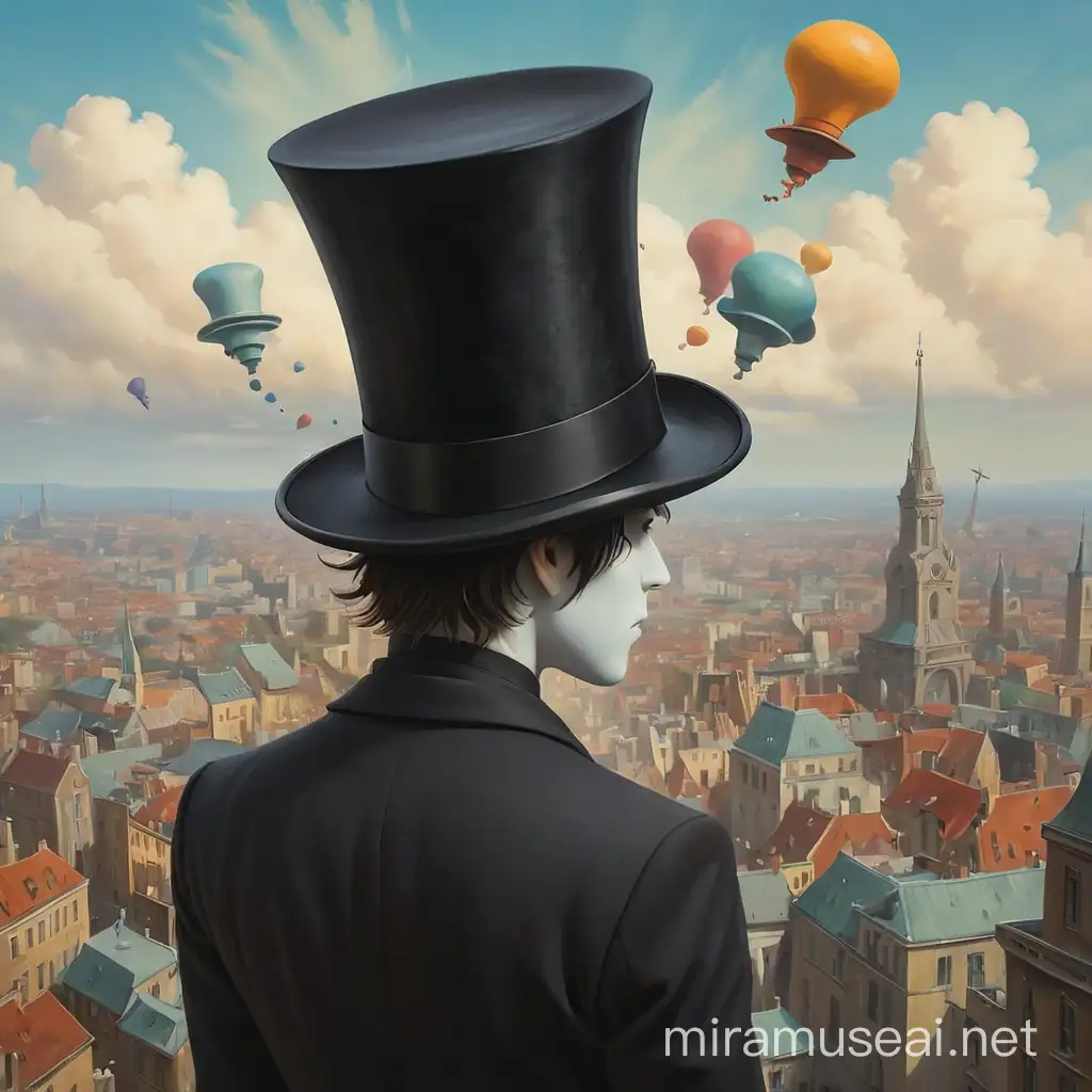profile picture - surreal painting closeup from behind of an artist with a top hat and no face and body flying over a city floating around. 