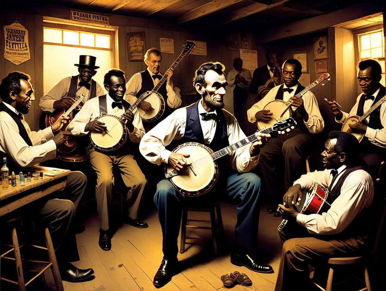 Abraham Lincoln playing banjo with very old black bluesmen in a dive bar  Frank Frazetta style