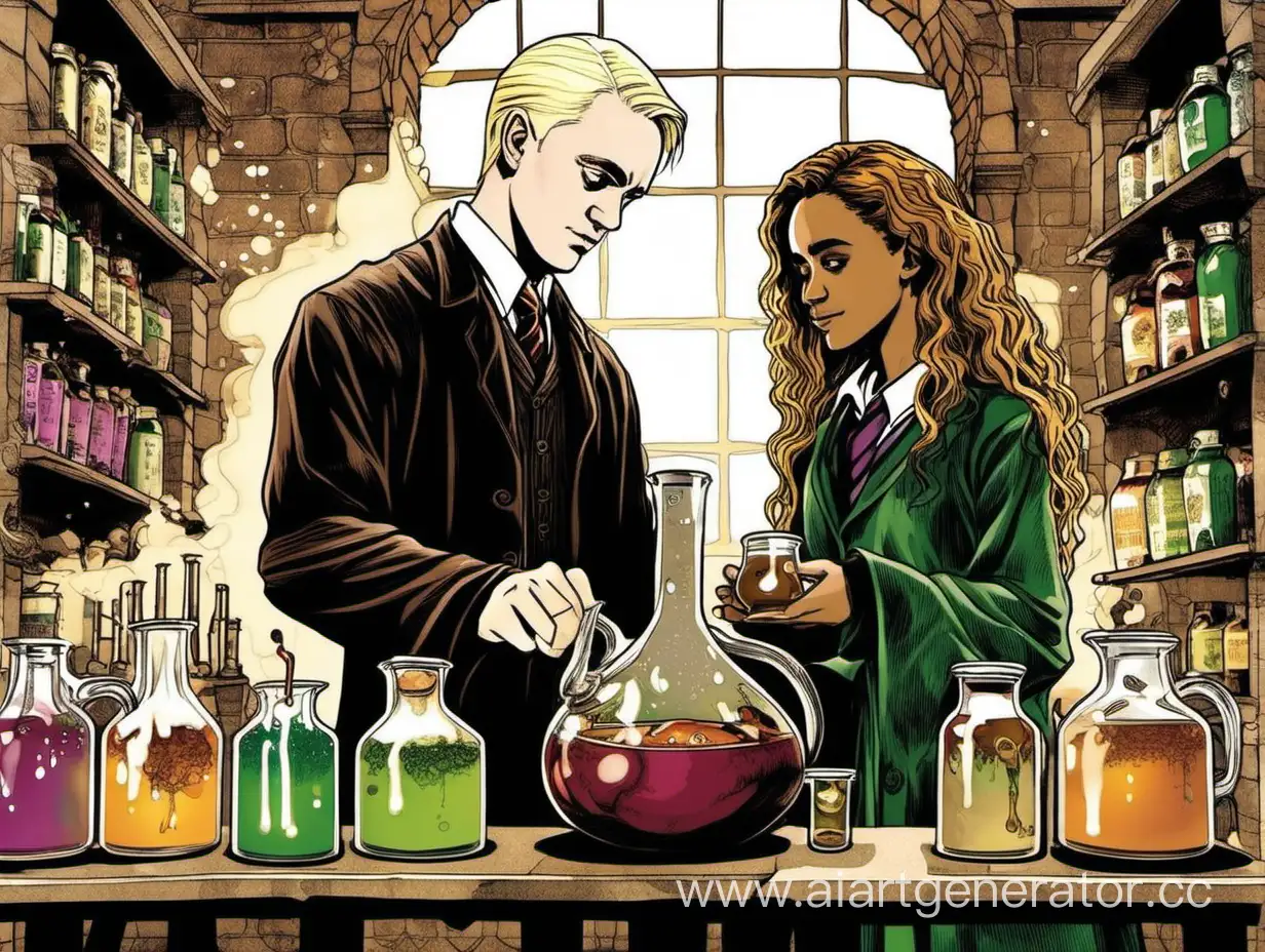 Hermione-Granger-and-Draco-Malfoy-Brewing-Potion-Together
