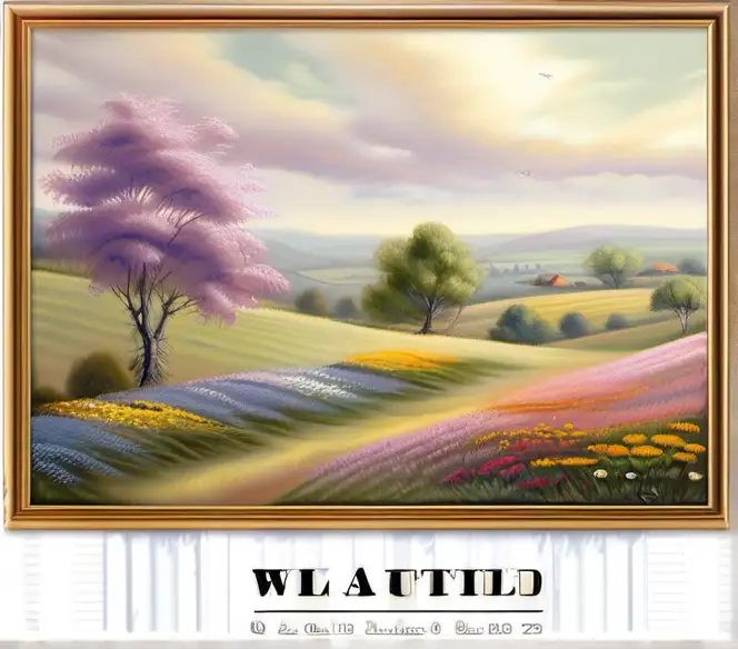 Tranquil Countryside Landscape with Wildflowers Realistic Oil Painting