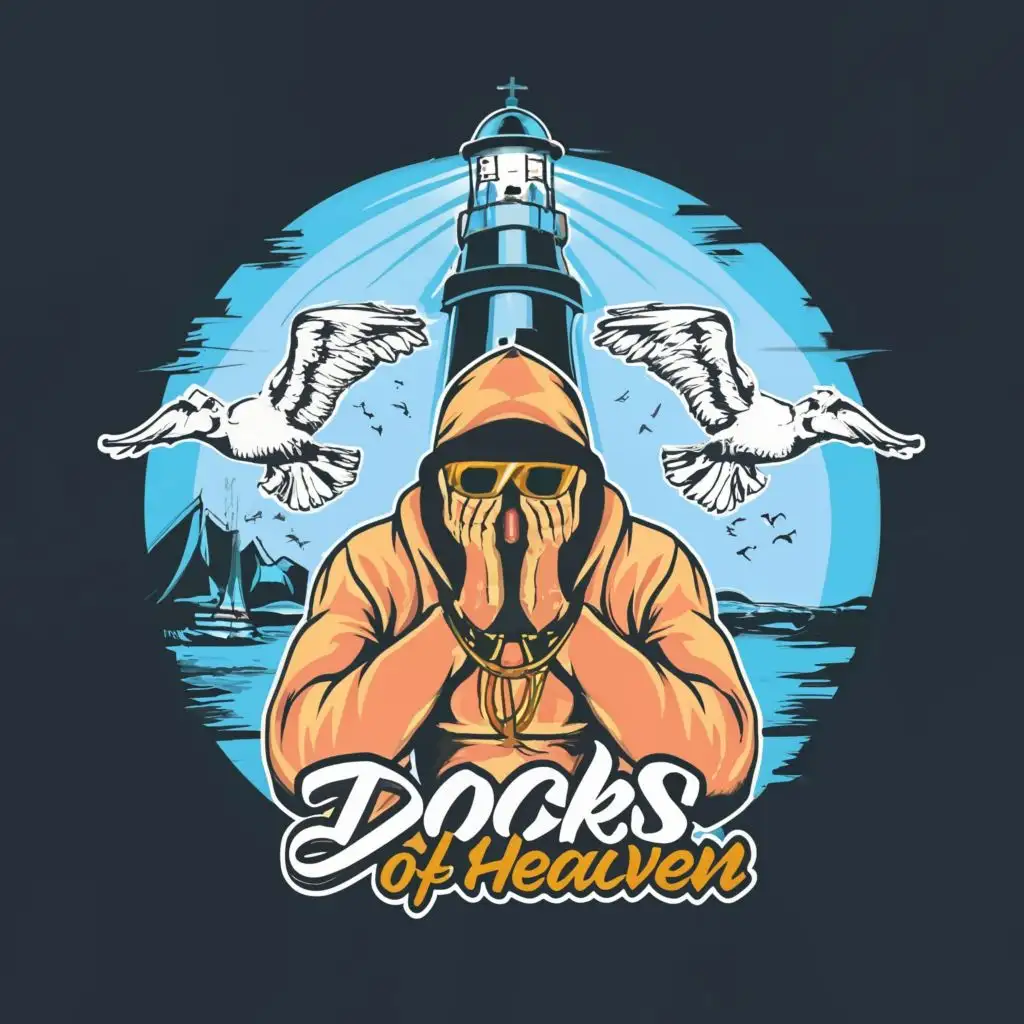 logo, Hood caucasian sunglasses rapper praying. birds, lighthouse,, with the text "Docks of Heaven", typography, be used in Entertainment industry