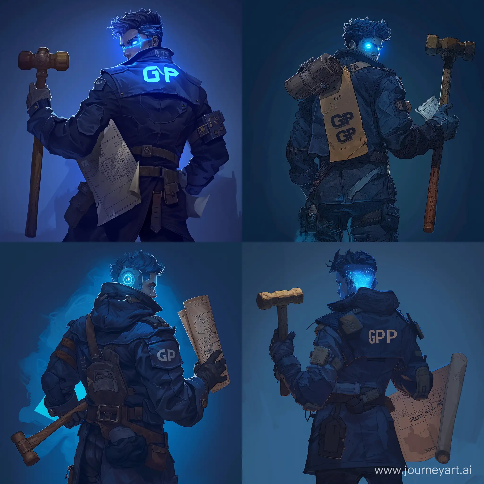 character from game "RUST" dressed in a dark-blue uniform and holding wooden mallet in hand, there is a blueprint in his other hand, has glowing blue eyes, and a long jacket with the inscription GP, character staying his turned back and looking behind throught his shoulder, ther is a dark blue back ground.