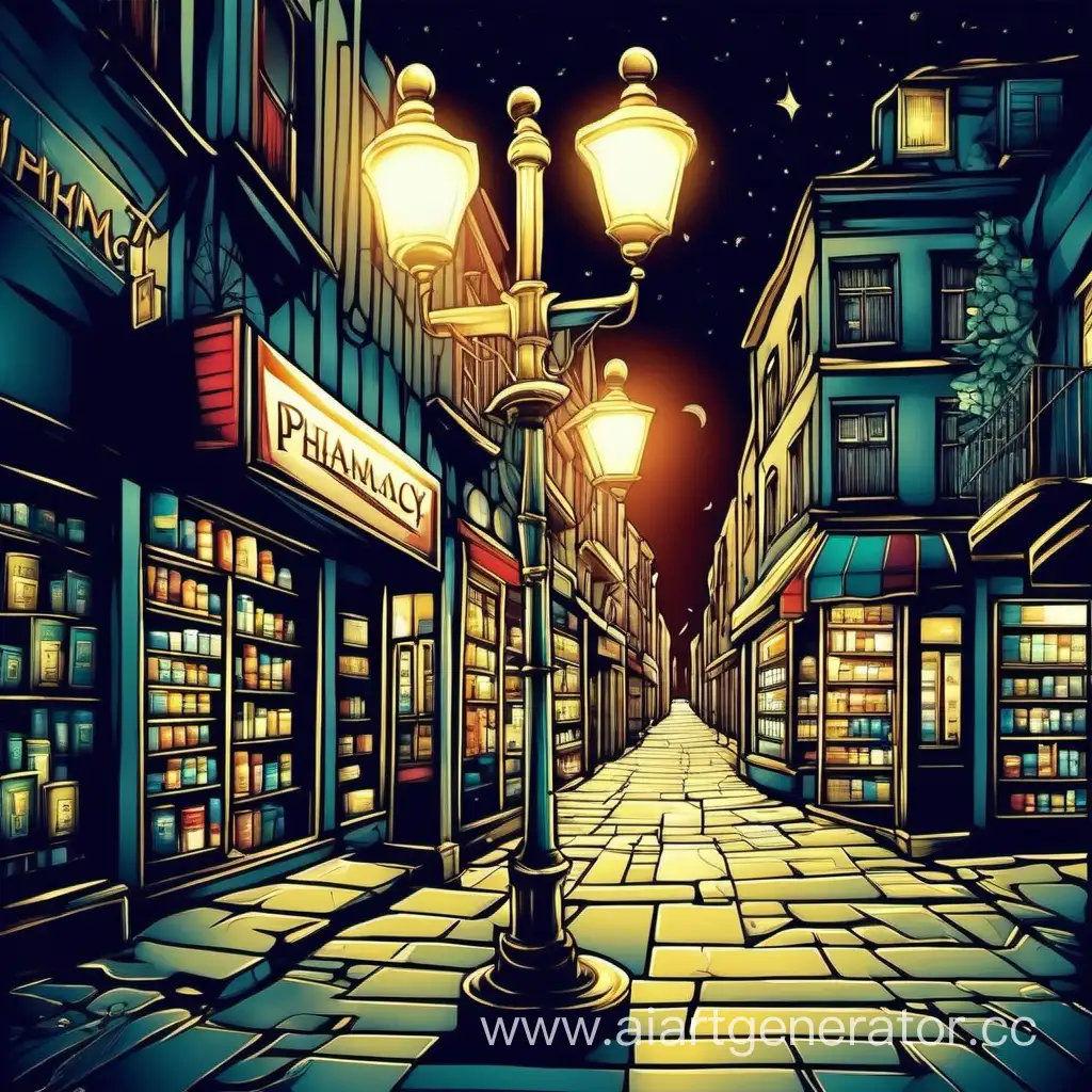 Abstract-Night-Scene-with-Street-Lamp-and-Pharmacy