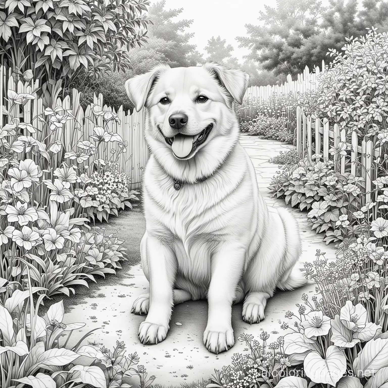 Cheerful-Dog-Coloring-Page-for-Kids-Garden-Fun-in-Black-and-White