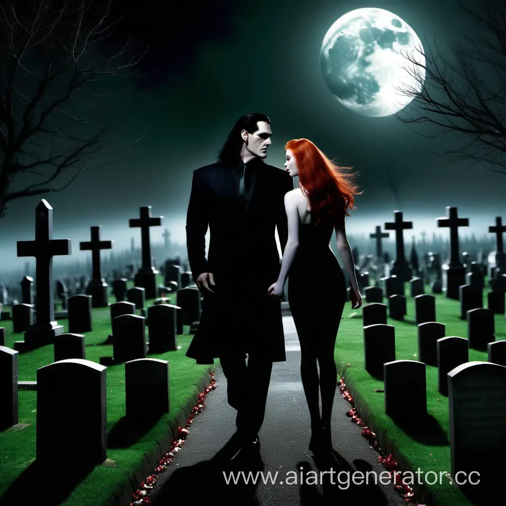 Peter Steele walking around a cemetery on a date with a beautiful redhead girl in the full moon, listening to music 