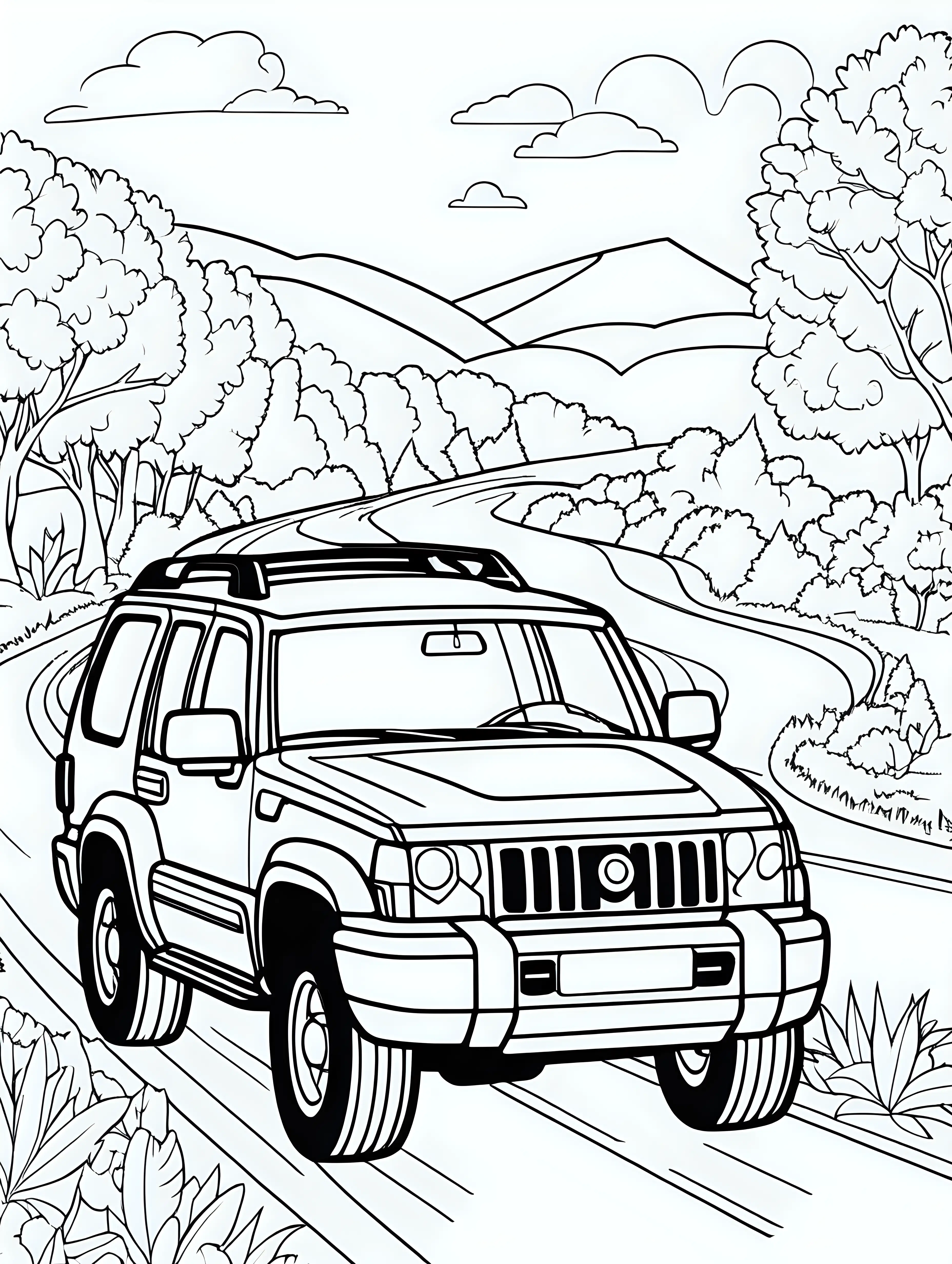 Coloring page for kids, suv car, the car is on the road, black lines white pages