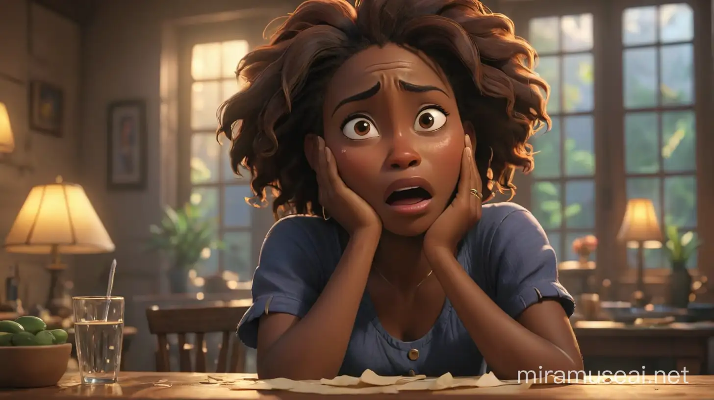 create an image of   a Haitian  women sitting at a table crying  wiping away her tears. illumination, Disney- Pixar style illustration 3-D Animation, 4k