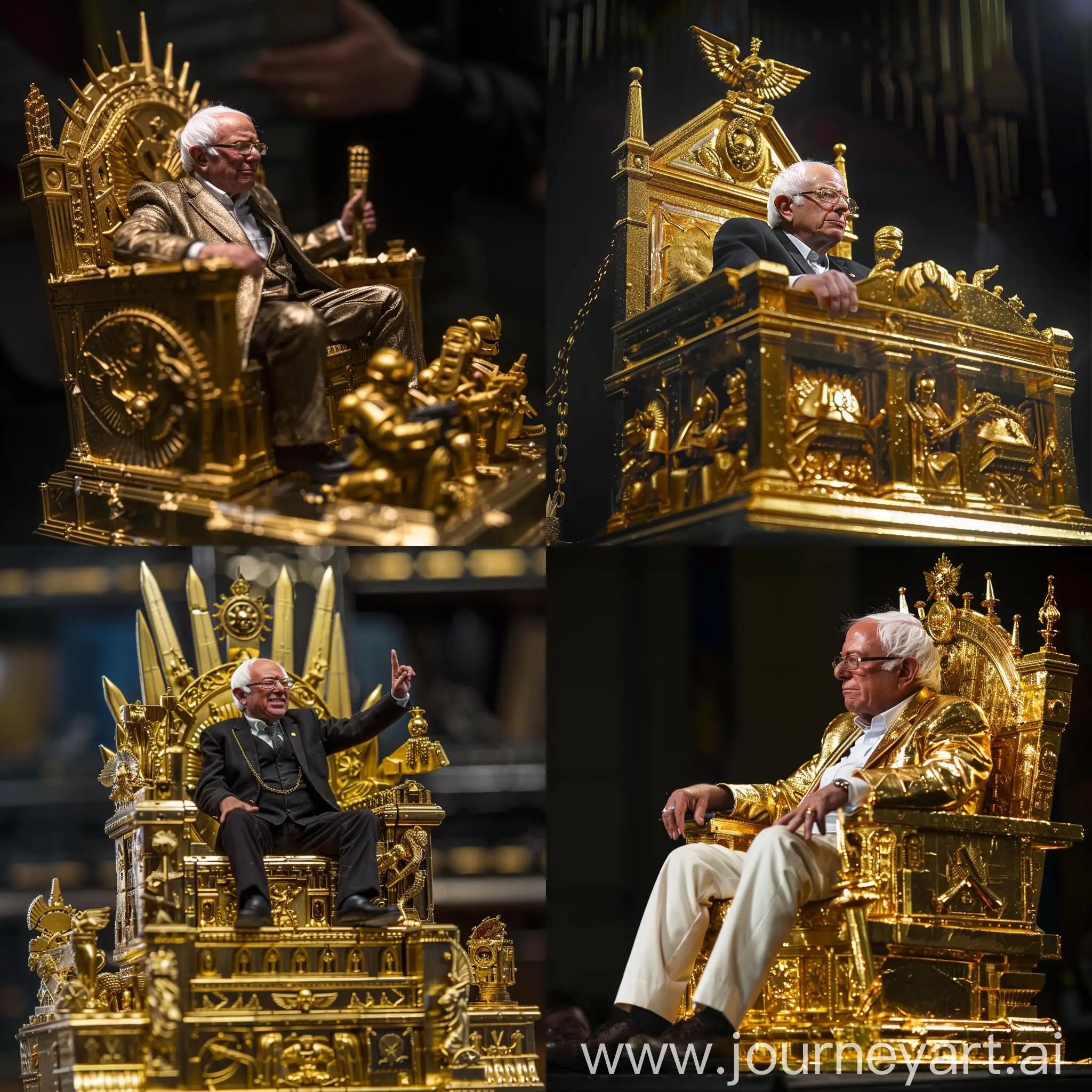 bernie sanders on the emperor's golden throne from warhammer 40k, in the style of the original 40k golden throne