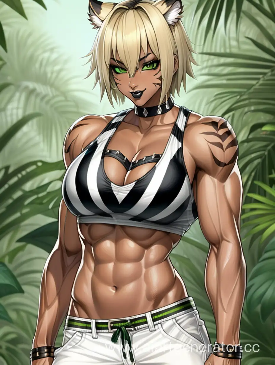 Jungle, 1 Person, Women, Beastwomen, Tiger Ears, Blonde Hair, Black Striped Hair, Short Hair, Spiky Hairstly, Dark Ebony Brown Skin, Black Tiger Stripes on body,  White Shirt, Green Pants, Choker, Black Lipstick, Seriuos Smile, Brown Eyes, Sharp Eyes, Tall Body, Massive Breasts, Muscular Detailed Arms, Muscular Legs, Well-toned Body, Muscular Body, Well-toned Abs, Hard Abs, Detailed Abs,  Tiger Stripes, 