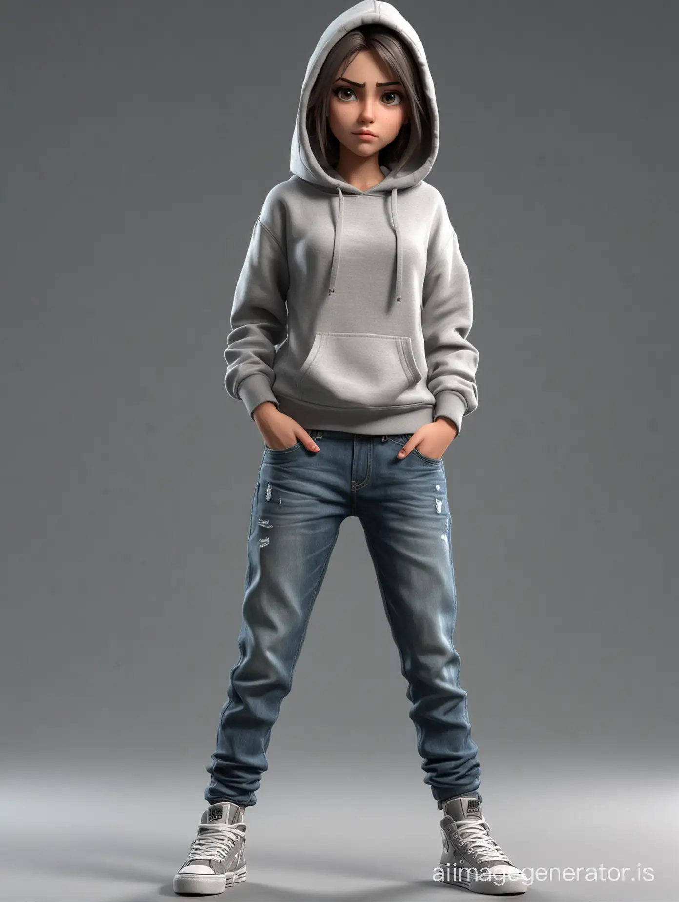 Sad girl in cartoon style in full height, an evil angry arrogant face, hands in the pockets of jeans, full-length, Wearing a grey hoodie, jeans, sneakers, full-body shot, long legs, model pose,  full growth, maximum detail, best quality, HD, gorgeous light and shadow, detailed design, 3D quality