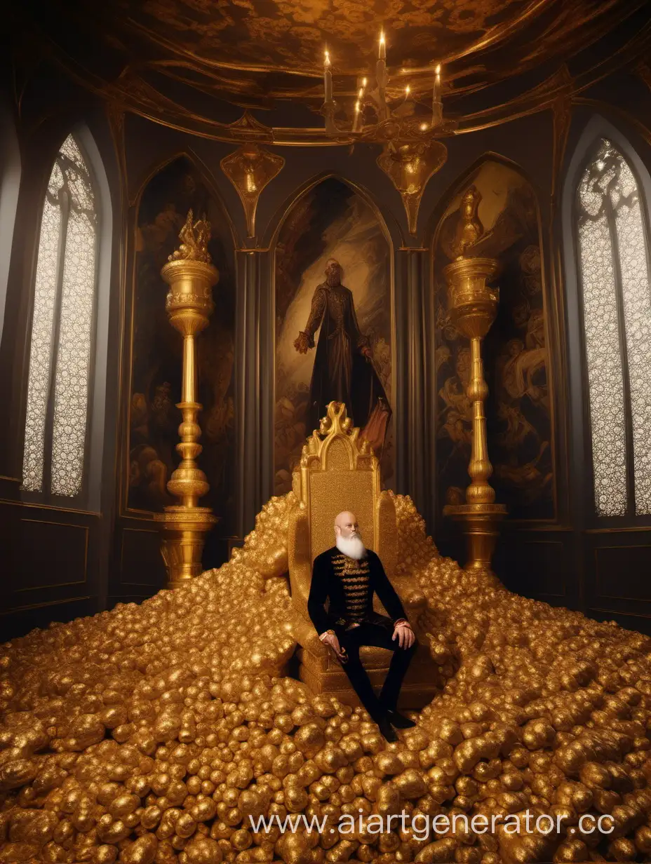 Средневековый барон, человек, сидит на горе из золота в помещении выполненном в стиле итальянской готики, фэнтези